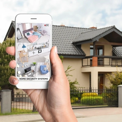 Cleveland vivint phone display of cctv live feed in front of a house